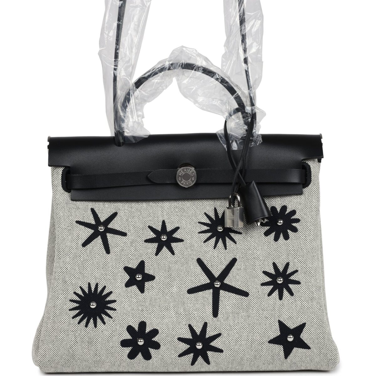 Hermes Herbag Zip 31 PM Hobnailed Black and Ecru Printed H Plume Canvas and Vache Hunter PHW