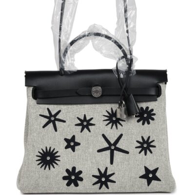 Hermes Herbag Zip 31 PM Hobnailed Black and Ecru Printed H Plume Canvas and Vache Hunter PHW