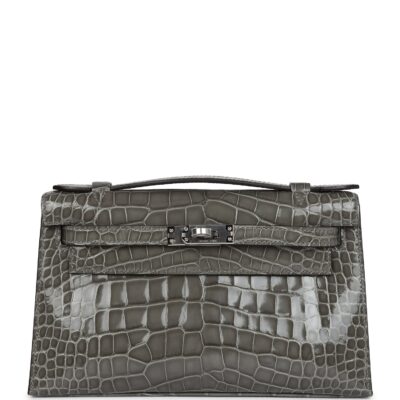 Hermes Kelly Pochette Gris Ciment Shiny Alligator PHW