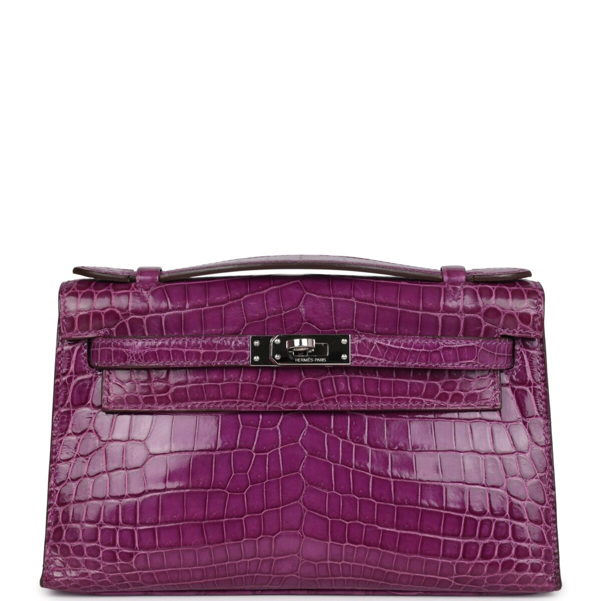 Hermes Kelly Pochette Violet Shiny Niloticus Crocodile PHW