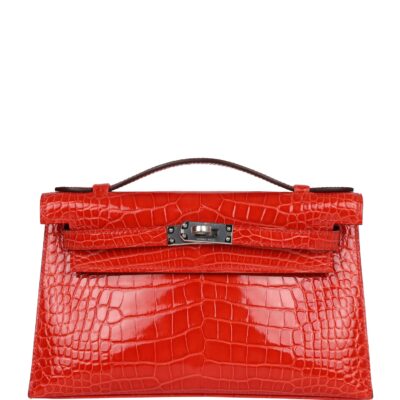 Hermes Kelly Pochette Orange Poppy Shiny Alligator PHW