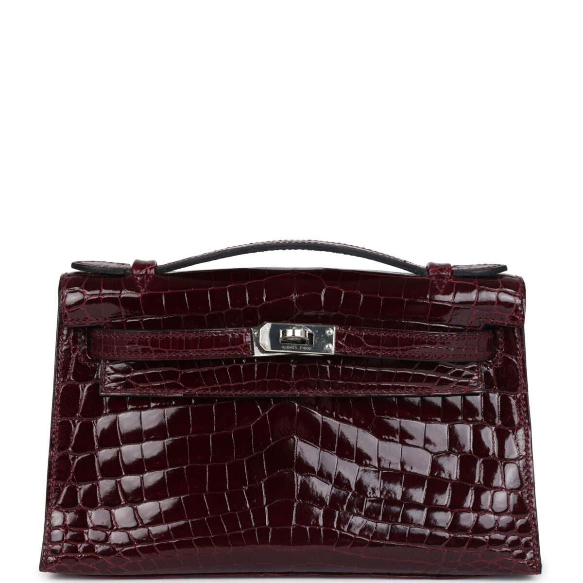 Hermes Kelly Pochette Bordeaux Shiny Niloticus Crocodile PHW