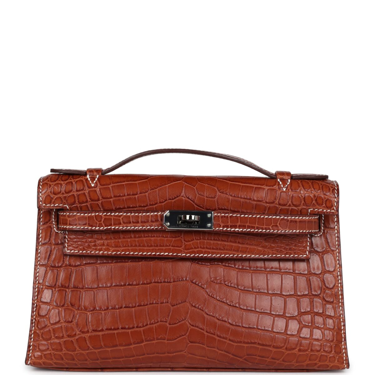Vintage Hermes Kelly Pochette Fauve Matte Niloticus Crocodile RHW