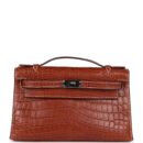 Vintage Hermes Kelly Pochette Fauve Matte Niloticus Crocodile RHW