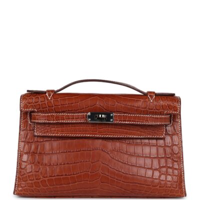 Vintage Hermes Kelly Pochette Fauve Matte Niloticus Crocodile RHW