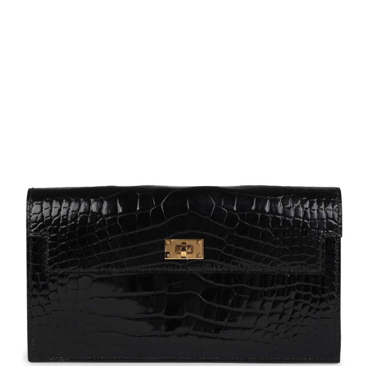 Hermes Kelly Pocket Long Wallet Black Shiny Alligator GHW
