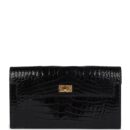 Hermes Kelly Pocket Long Wallet Black Shiny Alligator GHW