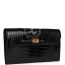 Hermes Kelly Pocket Long Wallet Black Shiny Alligator GHW