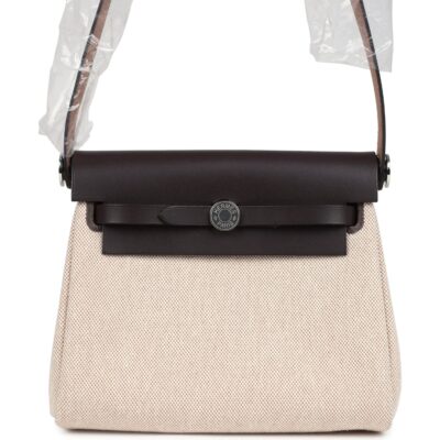 Hermes Herbag Zip 20 Mini Ecru and Beige Toile H Canvas and Ebene Vache Hunter PHW