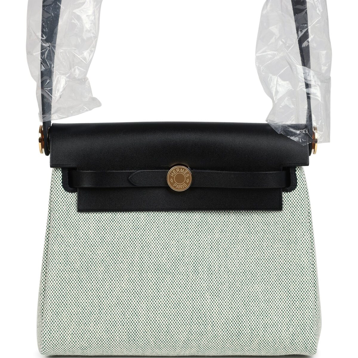 Hermes Herbag Zip 20 Mini Ecru and Vert Moyen Toile H Canvas and Black Vache Hunter GHW