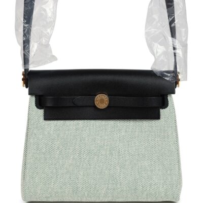 Hermes Herbag Zip 20 Mini Ecru and Vert Moyen Toile H Canvas and Black Vache Hunter GHW