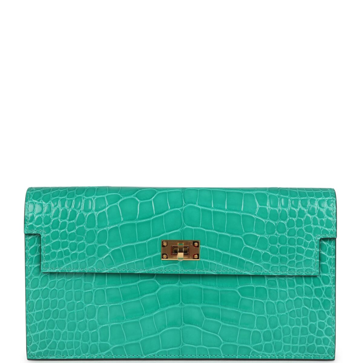 Hermes Kelly Pocket Long Wallet Vert Jade Shiny Alligator GHW
