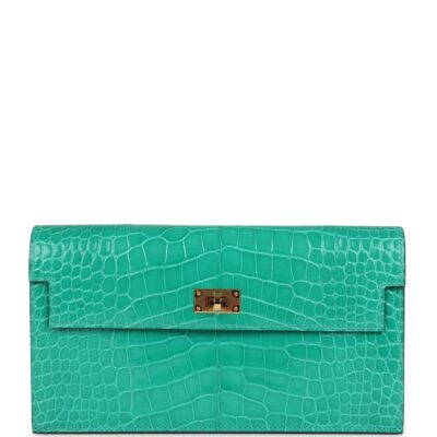 Hermes Kelly Pocket Long Wallet Vert Jade Shiny Alligator GHW