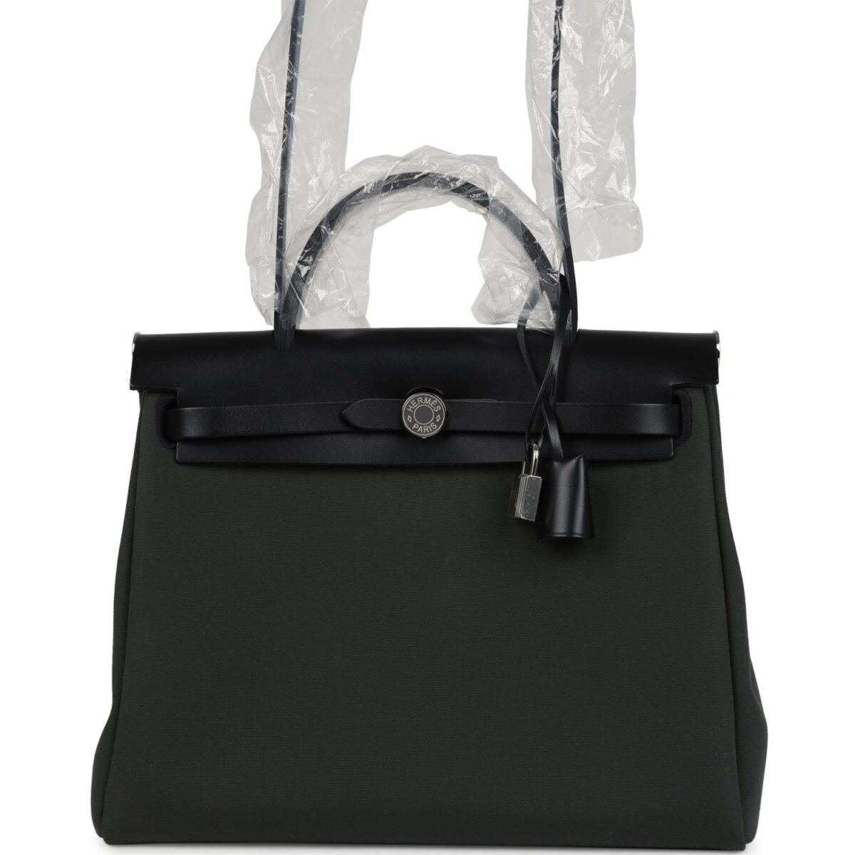 Hermes Herbag Zip 31 PM Vert Mangrove Toile Militaire Canvas and Black Vache Hunter PHW