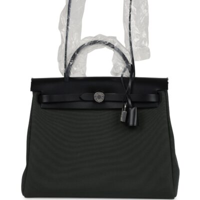 Hermes Herbag Zip 31 PM Vert Mangrove Toile Militaire Canvas and Black Vache Hunter PHW