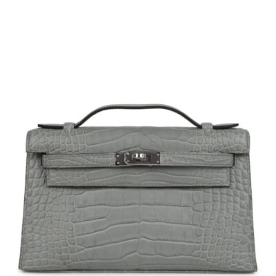 Hermes Kelly Pochette Gris Ciment Matte Alligator PHW
