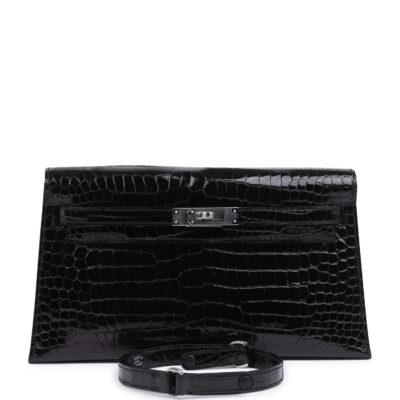 Hermes Kelly Elan Black Shiny Porosus Crocodile PHW