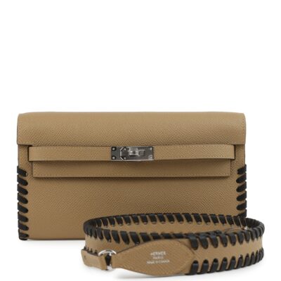 Hermes Kelly To Go Tressage Wallet Poussiere and Black Epsom PHW