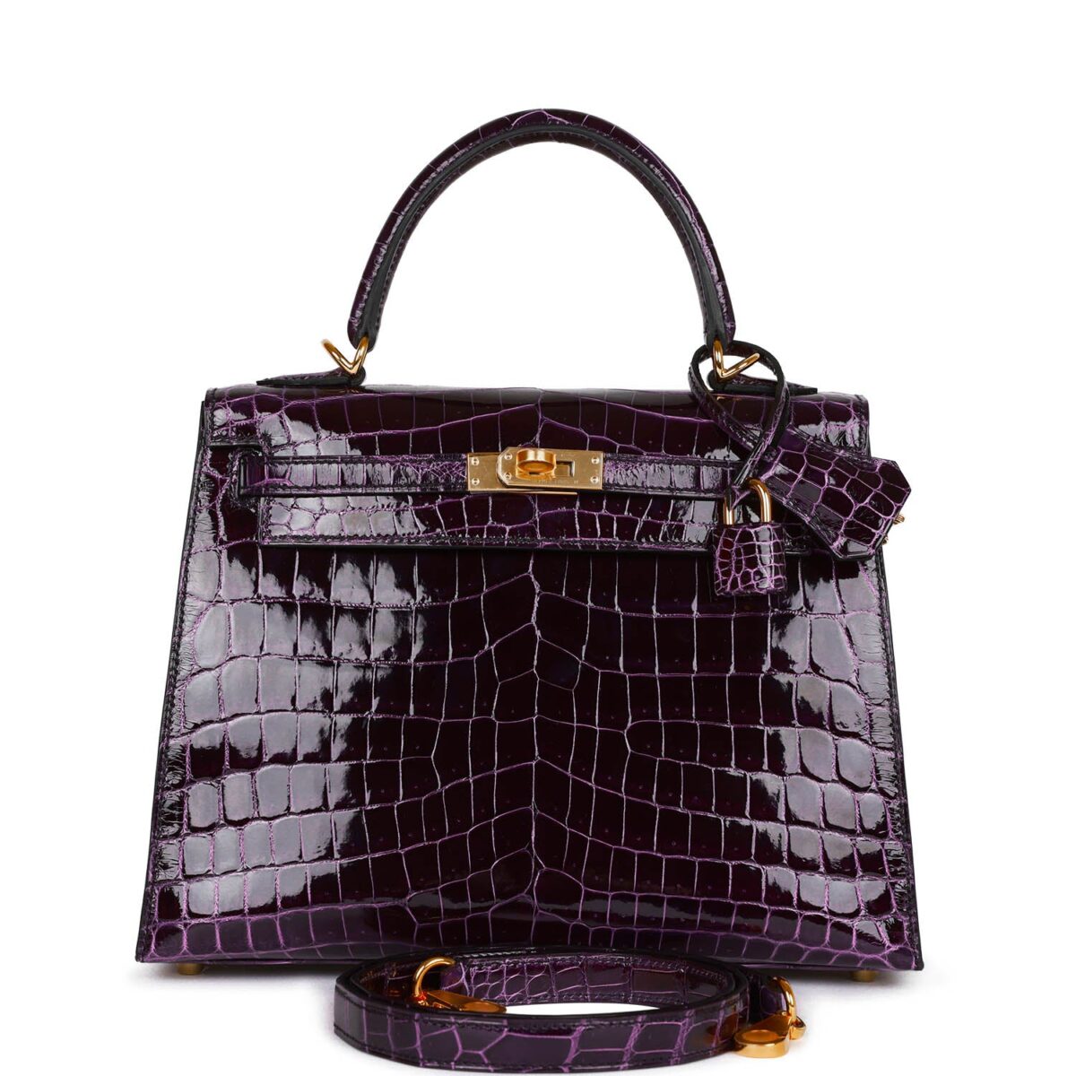 Hermes Kelly Sellier 25 Aubergine Shiny Niloticus Crocodile GHW
