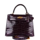 Hermes Kelly Sellier 25 Aubergine Shiny Niloticus Crocodile GHW