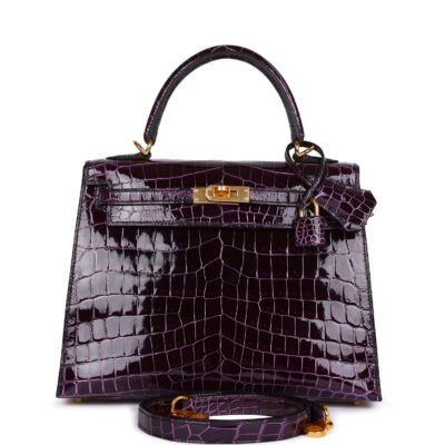 Hermes Kelly Sellier 25 Aubergine Shiny Niloticus Crocodile GHW