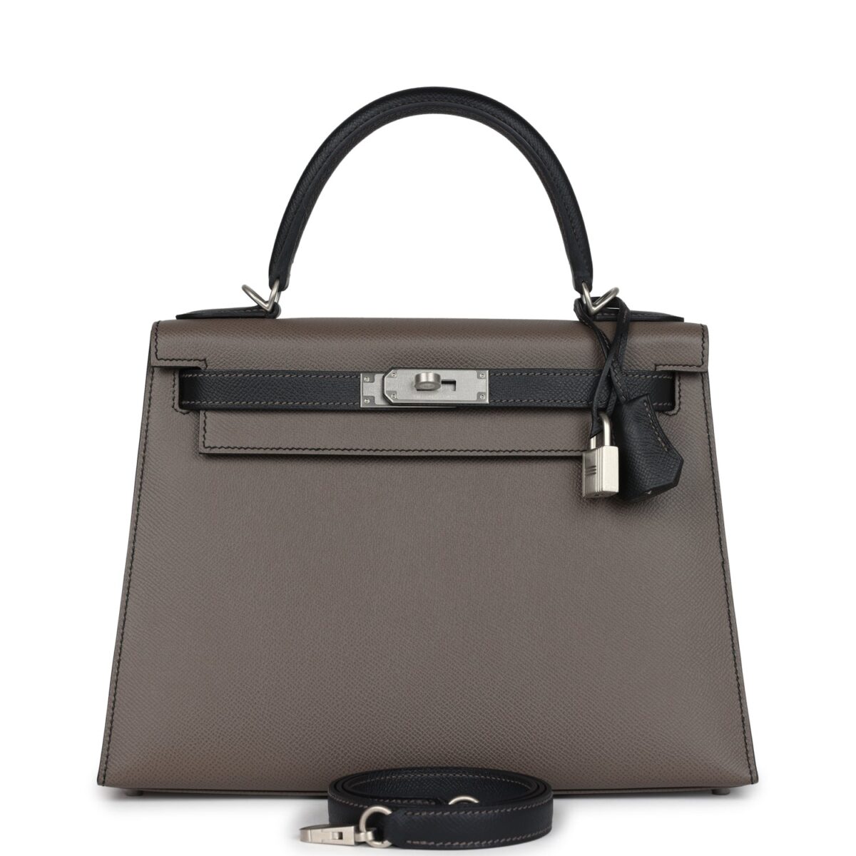 Hermes Special Order (HSS) Kelly Sellier 28 Etain and Black Epsom Brushed PHW