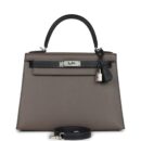 Hermes Special Order (HSS) Kelly Sellier 28 Etain and Black Epsom Brushed PHW