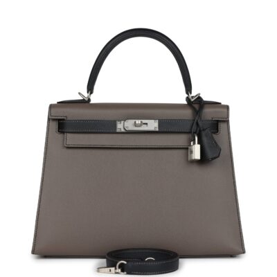 Hermes Special Order (HSS) Kelly Sellier 28 Etain and Black Epsom Brushed PHW