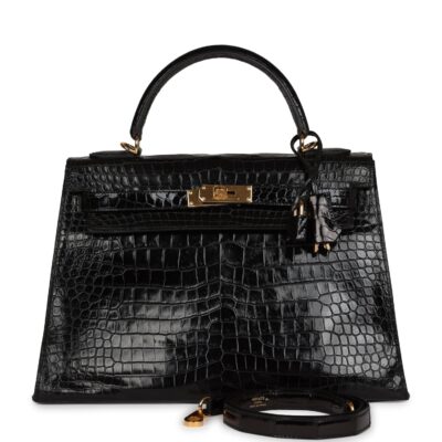 Vintage Hermes Kelly Sellier 32 Black Shiny Porosus Crocodile GHW