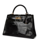 Vintage Hermes Kelly Sellier 32 Black Shiny Porosus Crocodile GHW