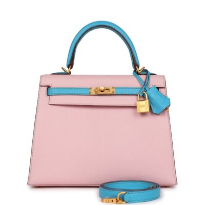 Hermes Special Order (HSS) Kelly Sellier 25 Rose Sakura and Bleu Aztec Chevre Brushed GHW