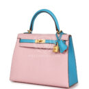 Hermes Special Order (HSS) Kelly Sellier 25 Rose Sakura and Bleu Aztec Chevre Brushed GHW