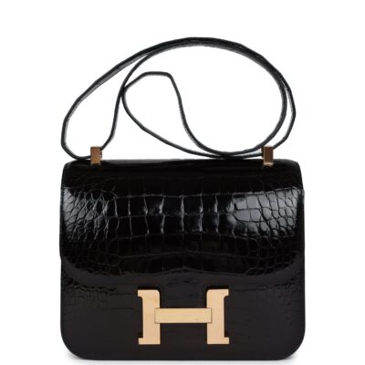 Hermes Constance 24 Black Shiny Alligator Rose GHW