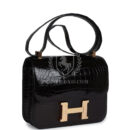 Hermes Constance 24 Black Shiny Alligator Rose GHW