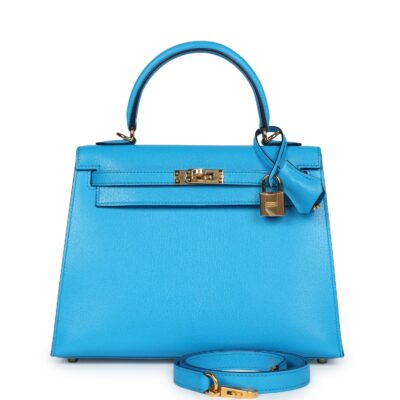 Hermes Kelly Sellier 25 Bleu Frida Chevre GHW