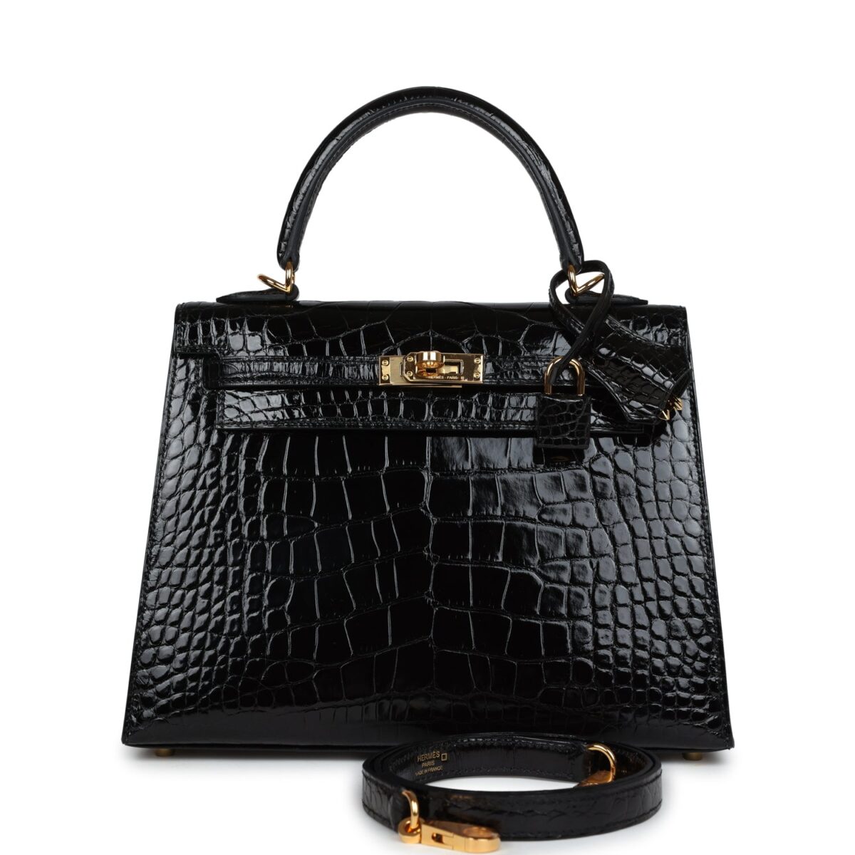 Hermes Kelly Sellier 25 Black Shiny Alligator GHW