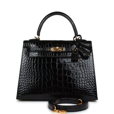 Hermes Kelly Sellier 25 Black Shiny Alligator GHW