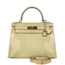 Vintage Hermes Kelly Sellier 28 Vert Celadon Natura Shiny Alligator GHW