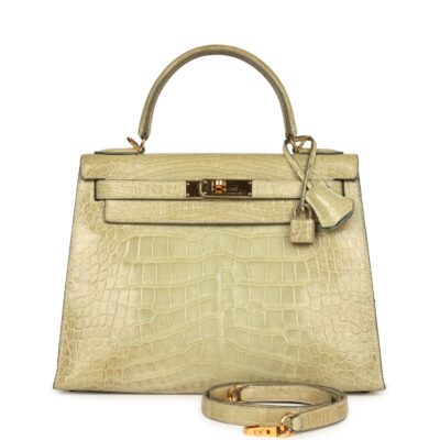 Vintage Hermes Kelly Sellier 28 Vert Celadon Natura Shiny Alligator GHW