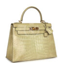 Vintage Hermes Kelly Sellier 28 Vert Celadon Natura Shiny Alligator GHW