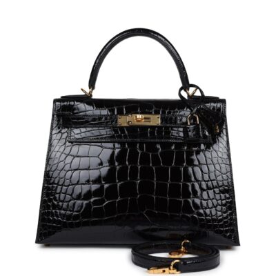 Hermes Kelly Sellier 28 Black Shiny Alligator GHW
