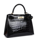 Hermes Kelly Sellier 28 Black Shiny Alligator GHW