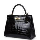 Hermes Kelly Sellier 28 Black Shiny Alligator GHW