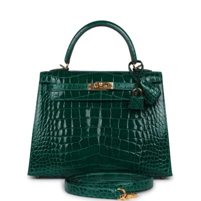 Hermes Kelly Sellier 25 Emerald Shiny Alligator GHW