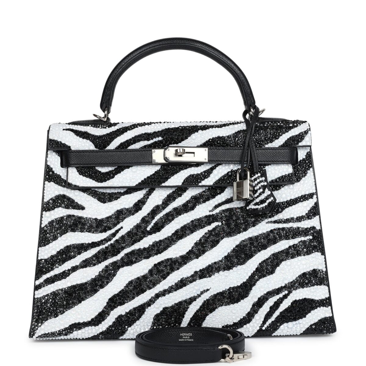 Custom Zebra Swarovski Crystal Hermes Kelly Sellier 32 Black Epsom PHW