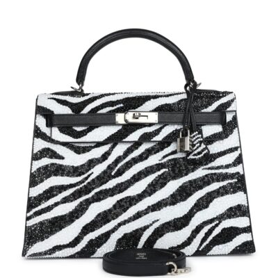 Custom Zebra Swarovski Crystal Hermes Kelly Sellier 32 Black Epsom PHW