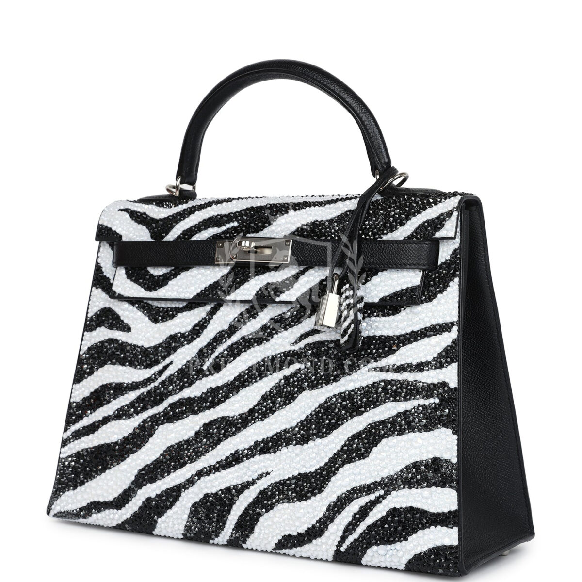 Custom Zebra Swarovski Crystal Hermes Kelly Sellier 32 Black Epsom PHW — изображение 4