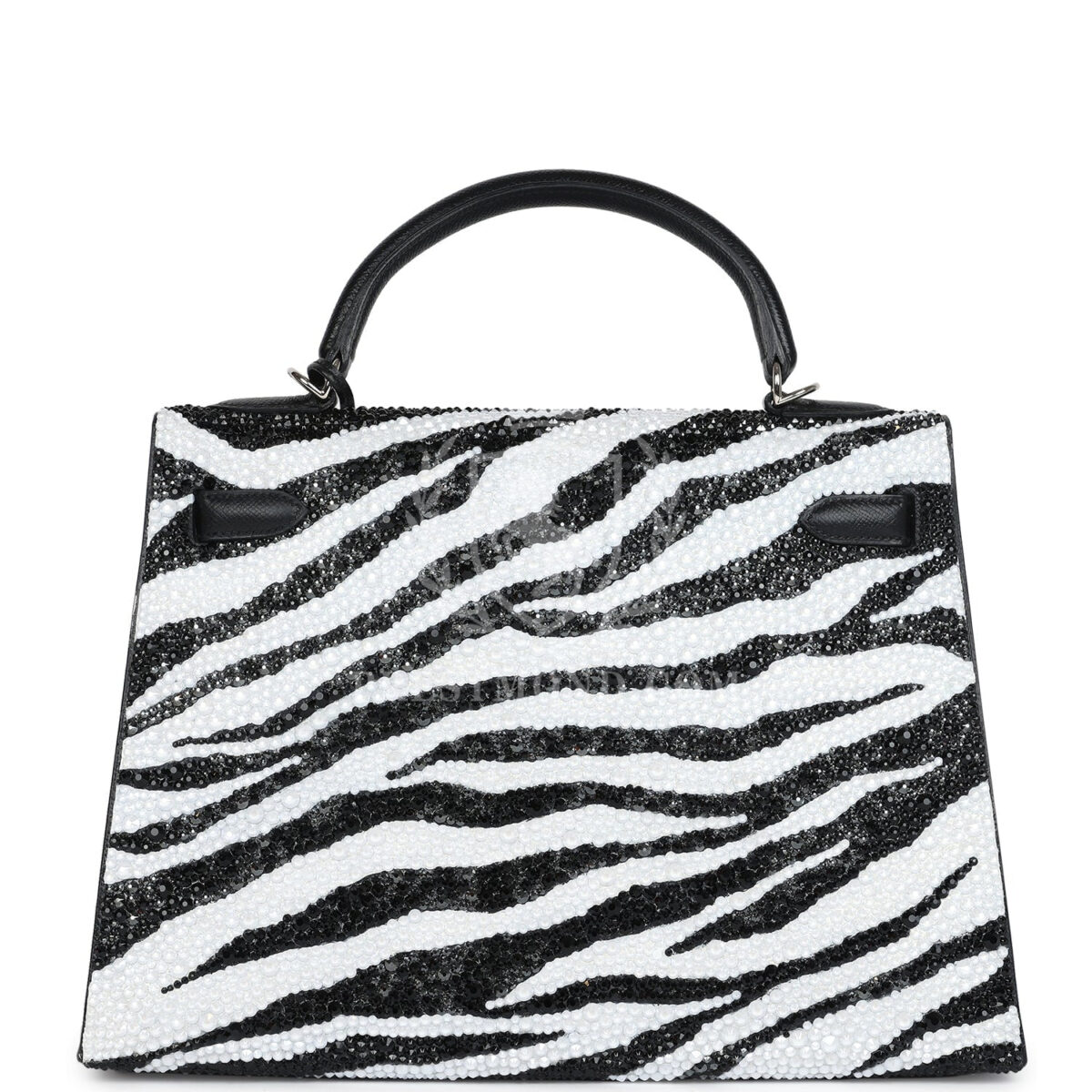 Custom Zebra Swarovski Crystal Hermes Kelly Sellier 32 Black Epsom PHW — изображение 5