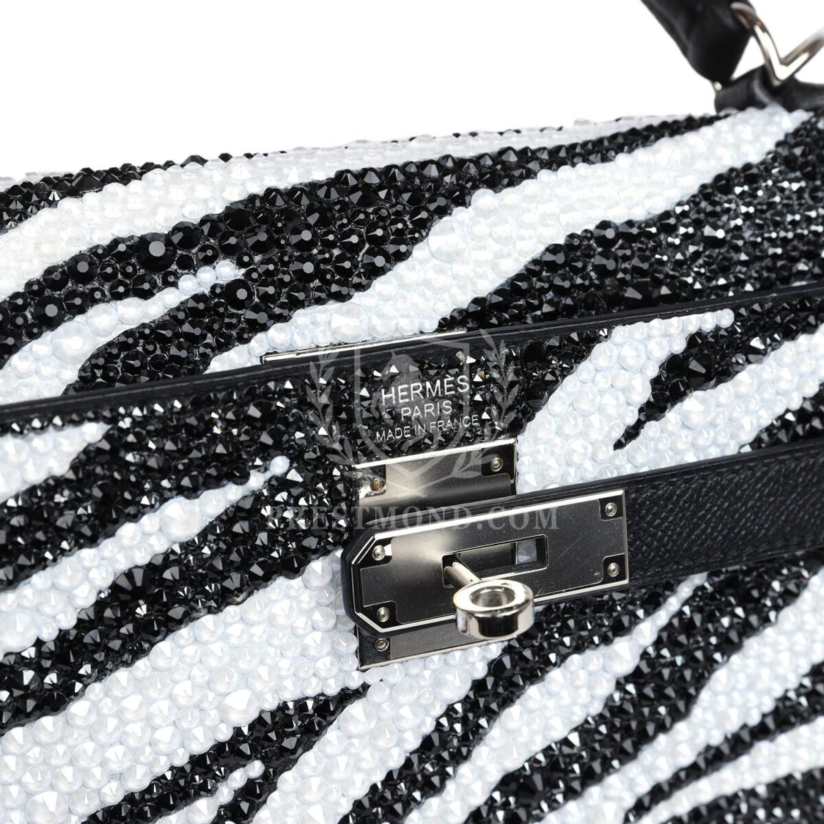 Custom Zebra Swarovski Crystal Hermes Kelly Sellier 32 Black Epsom PHW — изображение 7
