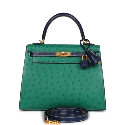 Hermes Special Order (HSS) Kelly Sellier 25 Vert Vertigo and Bleu Iris Ostrich Brushed GHW